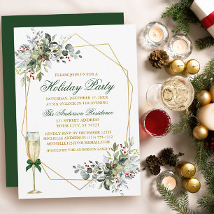 Watercolor Greenery Berries Holiday Gold Green Invitation