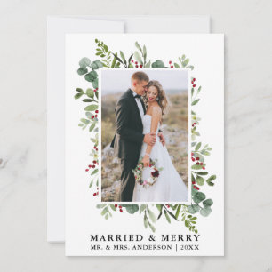 Watercolor Greenery Berries Married & Merry Holiday Card