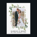 Watercolor Greenery Berries Married & Merry Postcard<br><div class="desc">Elegant Watercolor Winter Greenery Married & Merry Wedding Photo Newlywed Holiday Postcard includes eucalyptus leaves and red holly berries.</div>