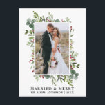 Watercolor Greenery Berries Married & Merry Postcard<br><div class="desc">Elegant Watercolor Winter Greenery Married & Merry Wedding Photo Newlywed Holiday Postcard includes eucalyptus leaves and red holly berries.</div>
