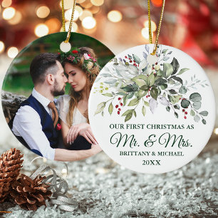 Watercolor Greenery Berries PHOTO BACK Christmas Ceramic Ornament