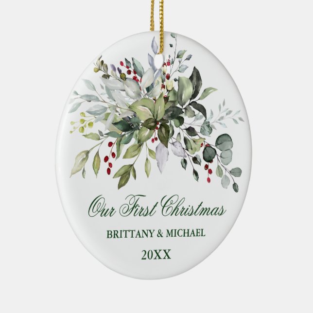 Watercolor Greenery Berries PHOTO BACK Green Ceramic Ornament (Right)