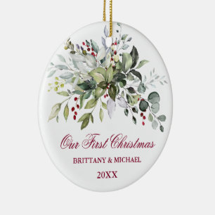 Watercolor Greenery Berries PHOTO BACK Red Ceramic Ornament