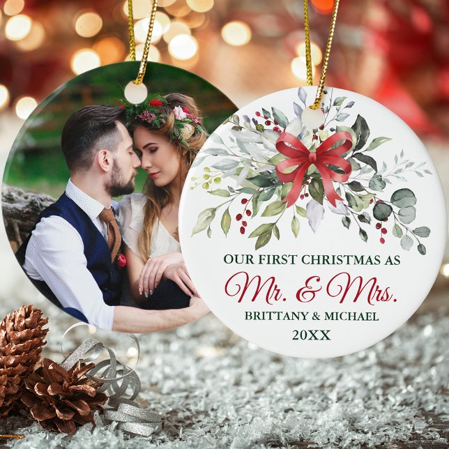 Watercolor Greenery Berries Red Bow Photo Ceramic Ornament (Mr. and Mrs. Photo Ornament)