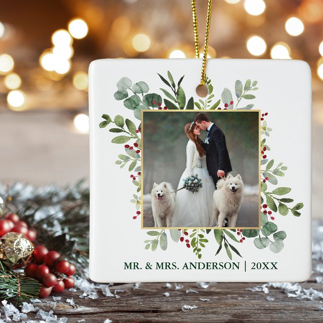 Watercolor Greenery Berries Wedding Photo Green Ceramic Ornament (Customize to change text color, style or size.)