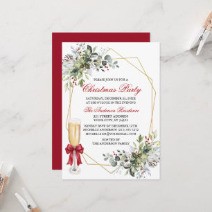 Watercolor Greenery Berry Red Bow Christmas Party Invitation