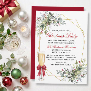 Watercolor Greenery Berry Red Bow Christmas Party Invitation