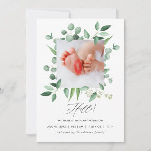 Watercolor Greenery Birth Announcement Photo Card