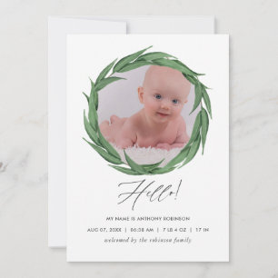 Watercolor Greenery Birth Announcement Photo Card