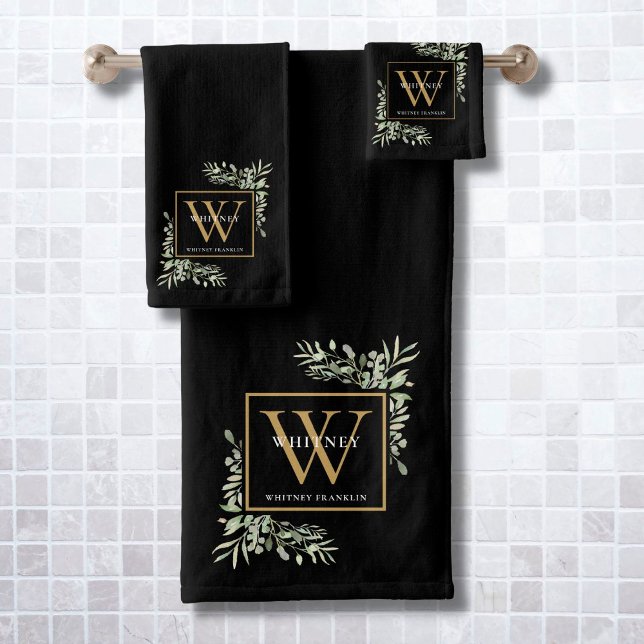 Watercolor Greenery Black Gold Monogram Name Bath  Towel Set (Creator Uploaded)
