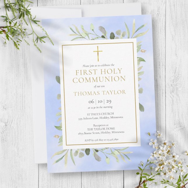 Watercolor Greenery Blue First Holy Communion Invitation (Watercolor Greenery Blue First Holy Communion Invitation)