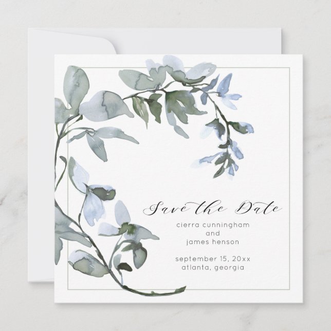 Watercolor Greenery Blue Floral Script  Save The Date (Front)