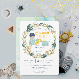 Watercolor Greenery Bonjour Boy Baby Shower Invitation