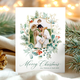 Watercolor Greenery Botanical Christmas Photo Holiday Postcard