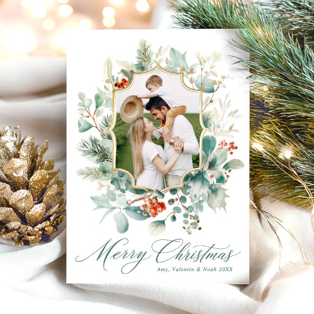 Watercolor Greenery Botanical Merry Christmas Holiday Card (Creator Uploaded)