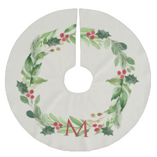 Watercolor Greenery Botanical  Wreath w/ Monogram Brushed Polyester Tree Skirt