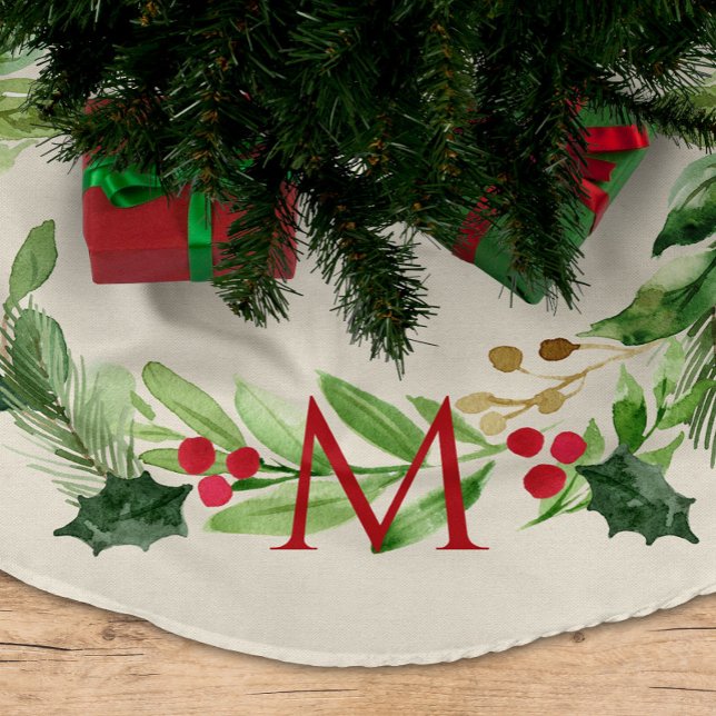Watercolor Greenery Botanical  Wreath w/ Monogram Brushed Polyester Tree Skirt (Creator Uploaded)