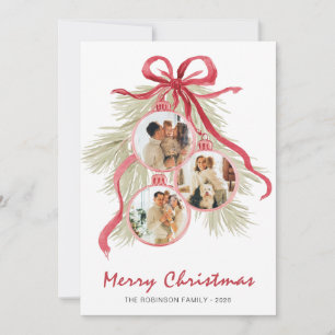 Watercolor Greenery Bow Ornament 3 Photo Christmas Holiday Card