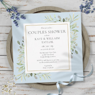Watercolor Greenery Boy Blue Couples Baby Shower Invitation