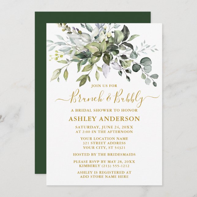Watercolor Greenery Bridal Brunch Bubbly Gold Invitation (Front/Back)