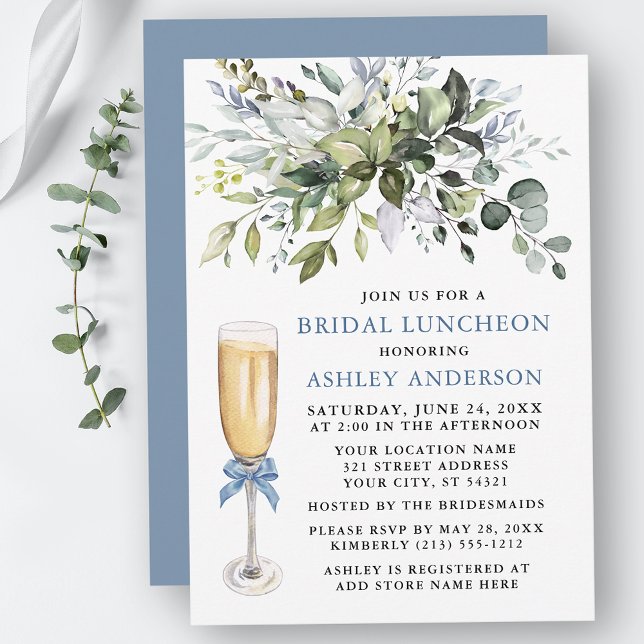 Watercolor Greenery Bridal Luncheon Dusty Blue  Invitation (Customize to change text color, text style or color of back of card.)