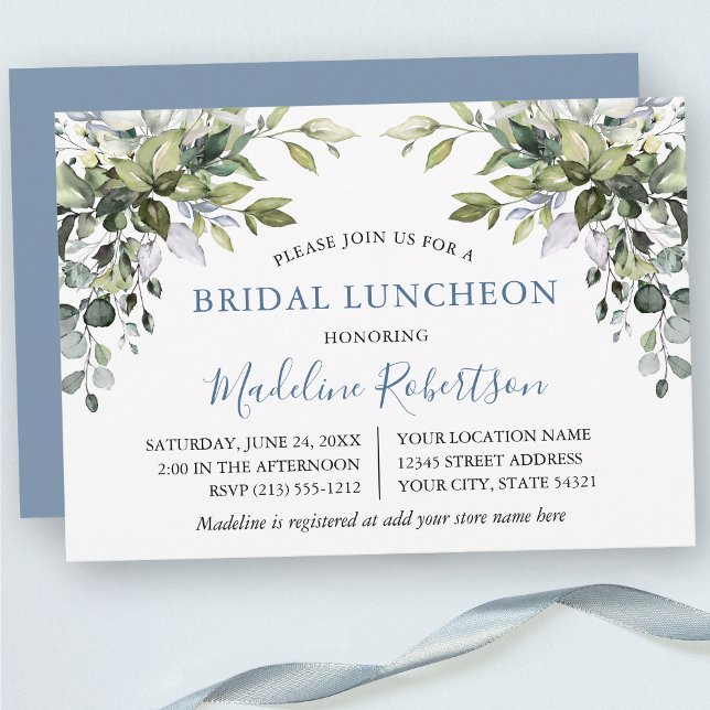 Watercolor Greenery Bridal Luncheon Dusty Blue Invitation (Customize to change text color, text style or color of back of card.)