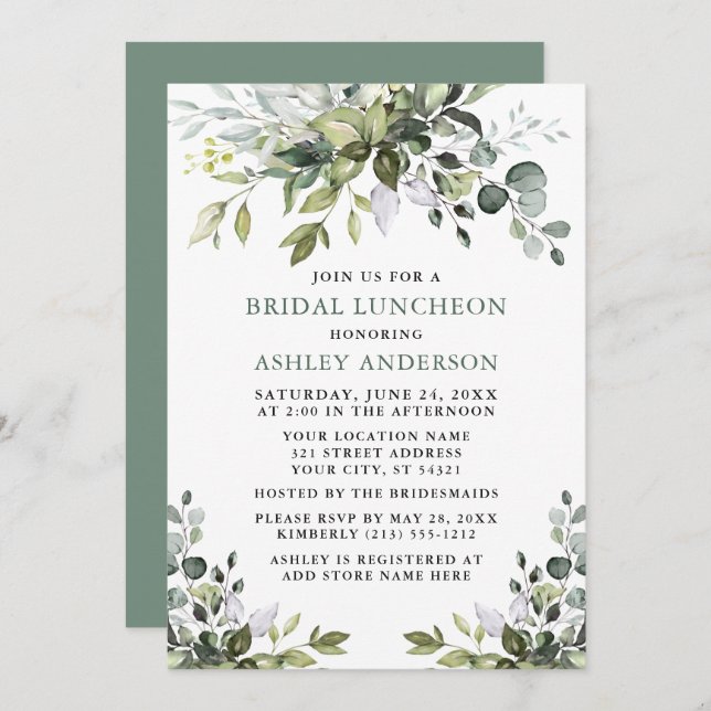 Watercolor Greenery Bridal Luncheon Sage Green Invitation (Front/Back)