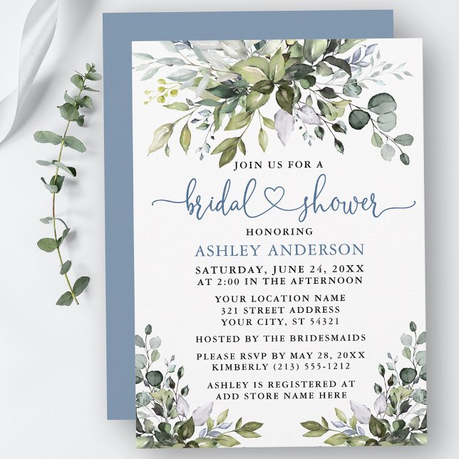 Watercolor Greenery Bridal Shower Dusty Blue Heart Invitation (Customize to change your personalized text color, text style or color of back of card.)