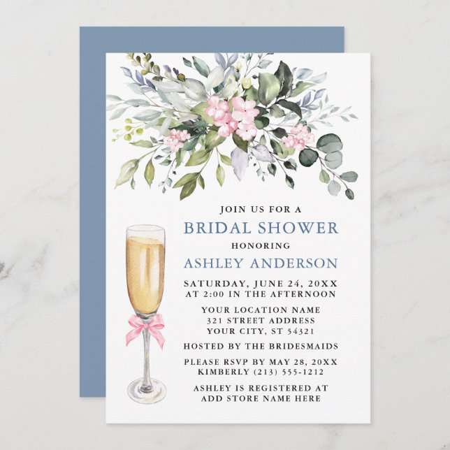 Watercolor Greenery Bridal Shower Dusty Blue Pink Invitation (Front/Back)