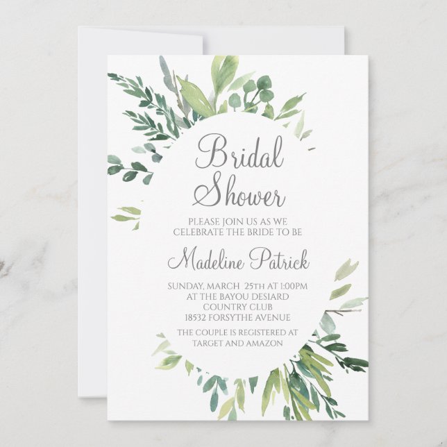 Watercolor Greenery Bridal Shower Invitation (Front)