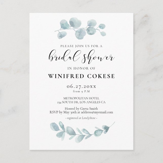 Watercolor greenery Bridal shower invitation Postcard (Front)