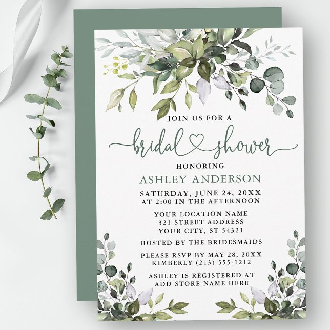 Watercolor Greenery Bridal Shower Sage Green Heart Invitation (Customize to change your personalized text color, text style or color of back of card.)