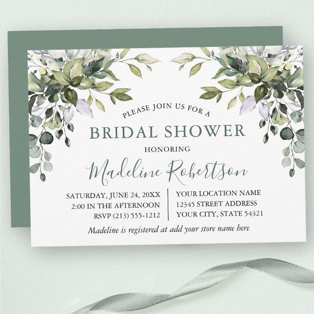 Watercolor Greenery Bridal Shower Sage Green Invitation (Customize to change text color, text style or color of back of card.)