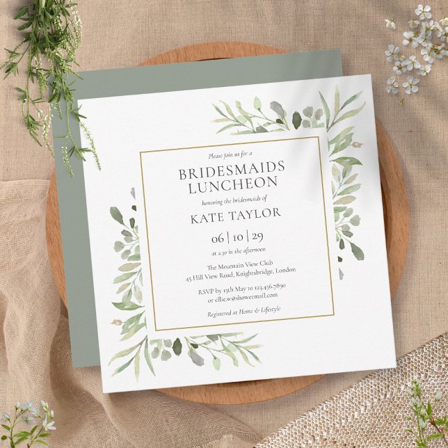 Watercolor Greenery Bridesmaids Luncheon Square Invitation (Creator Uploaded)