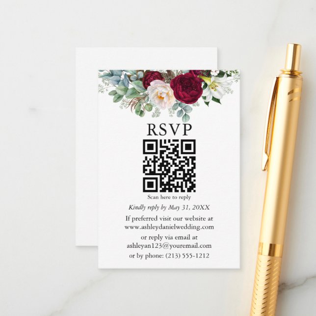 Watercolor Greenery Burgundy Floral QR RSVP Enclosure Card (Front/Back In Situ)