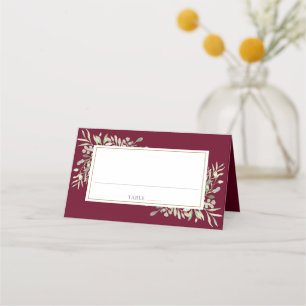 Watercolor Greenery Burgundy Red Wedding Place Card