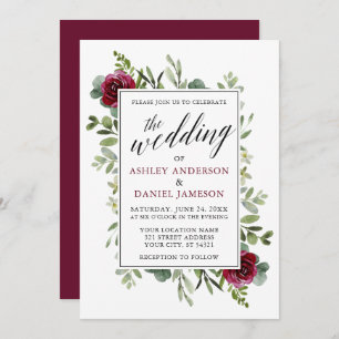 Watercolor Greenery Burgundy Roses Wedding Invitation
