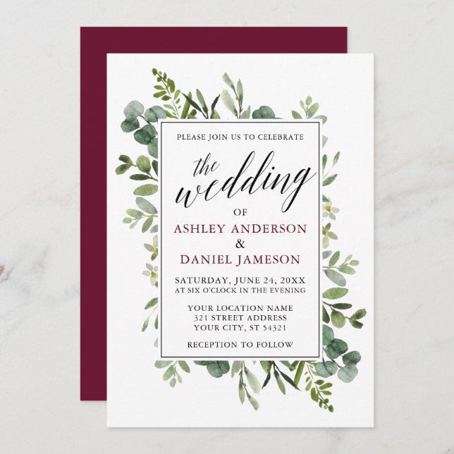 Watercolor Greenery Calligraphy Burgundy Wedding Invitation (Front/Back)