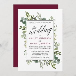 Watercolor Greenery Calligraphy Burgundy Wedding Invitation