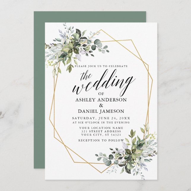 Watercolor Greenery Calligraphy Geo Sage Green Invitation (Front/Back)