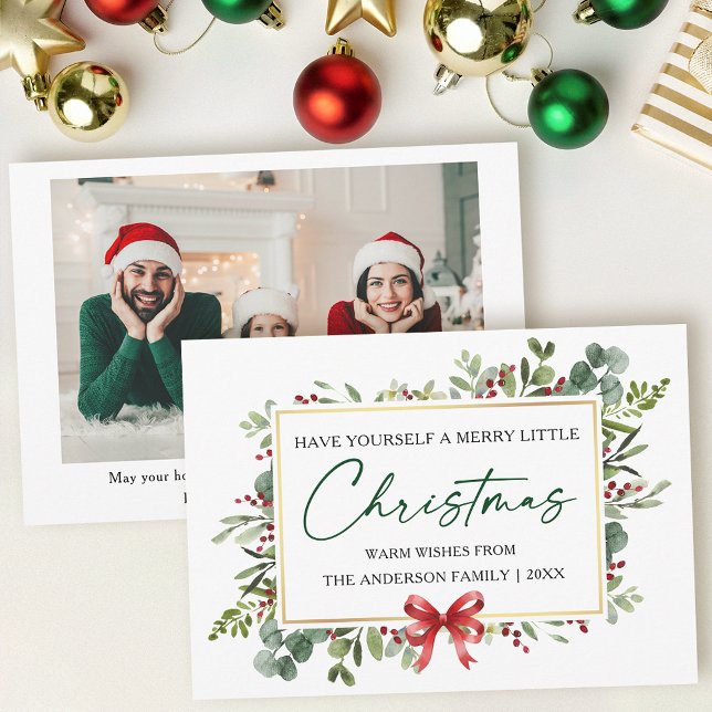 Watercolor Greenery Calligraphy Ink Red Bow Photo Holiday Card (Customize to change your personalized text size or text style.)