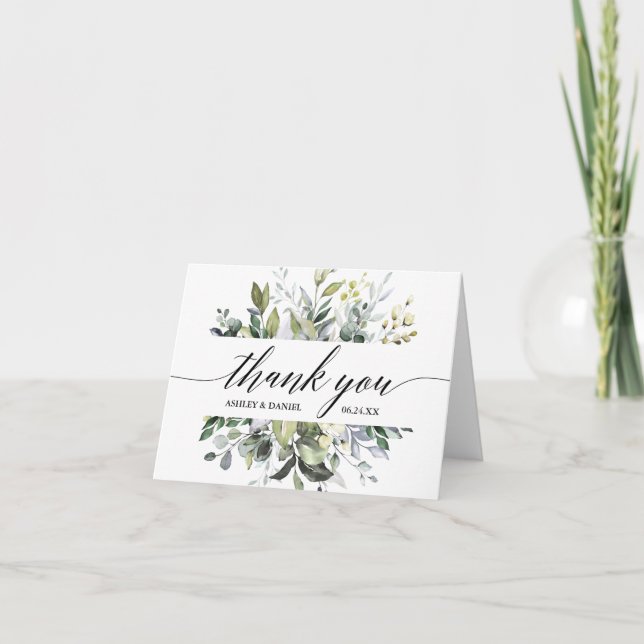 Watercolor Greenery Calligraphy Note Wedding Thank You Card (Front)