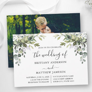 Watercolor Greenery Calligraphy Photo Wedding Invitation