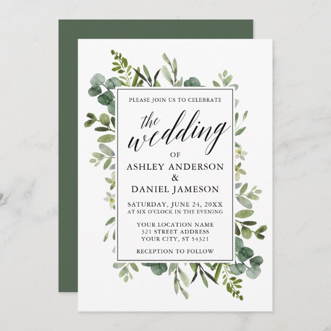 Watercolor Greenery Calligraphy Sage Wedding Invitation (Front/Back)