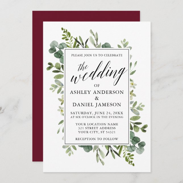 Watercolor Greenery Calligraphy Wedding Burgundy Invitation (Front/Back)