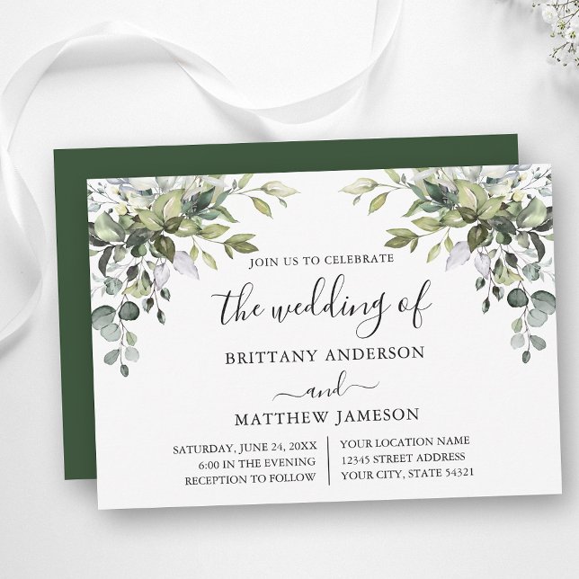 Watercolor Greenery Calligraphy Wedding Invitation (Customize to change text color, style, add text & photos to back or change color of back of card.)