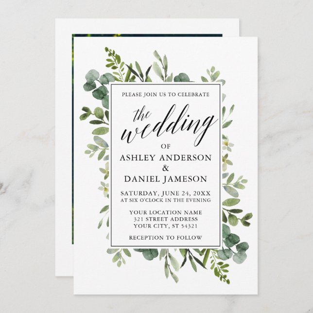 Watercolor Greenery Calligraphy Wedding Photo Invitation (Front/Back)