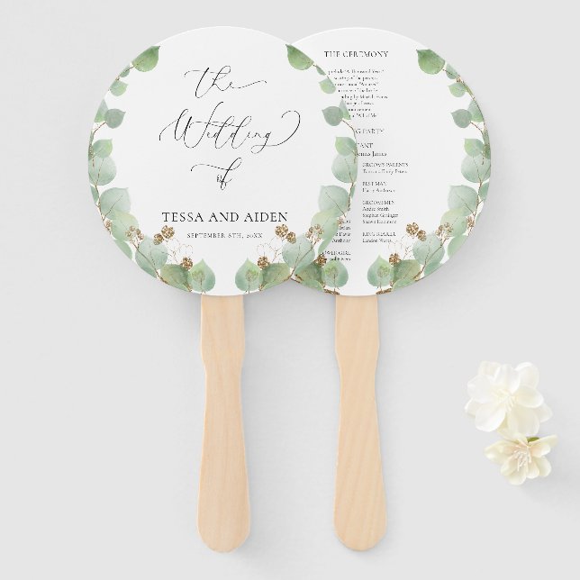Watercolor Greenery Calligraphy Wedding Program  Hand Fan (Front and Back)