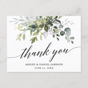 Watercolor Greenery Calligraphy Wedding Thank You Postcard