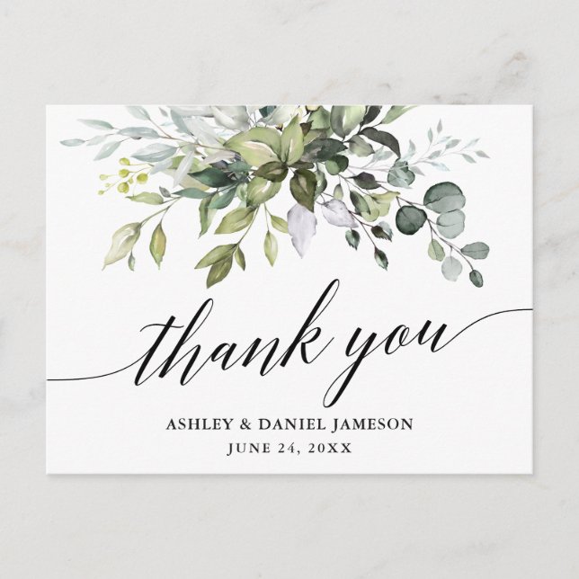 Watercolor Greenery Calligraphy Wedding Thank You Postcard (Front)